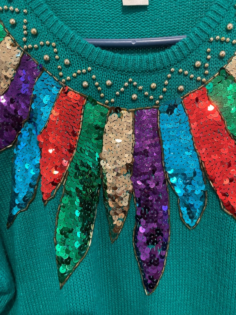 Western Connection Teal Sequin Feather-Accent Sweater - Picture 5 of 6